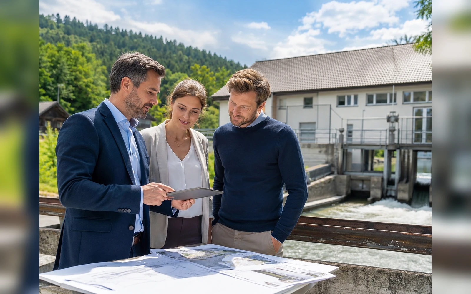 Drei Personen besprechen Unterlagen an einem Wasserkraft- und Betriebsstandort